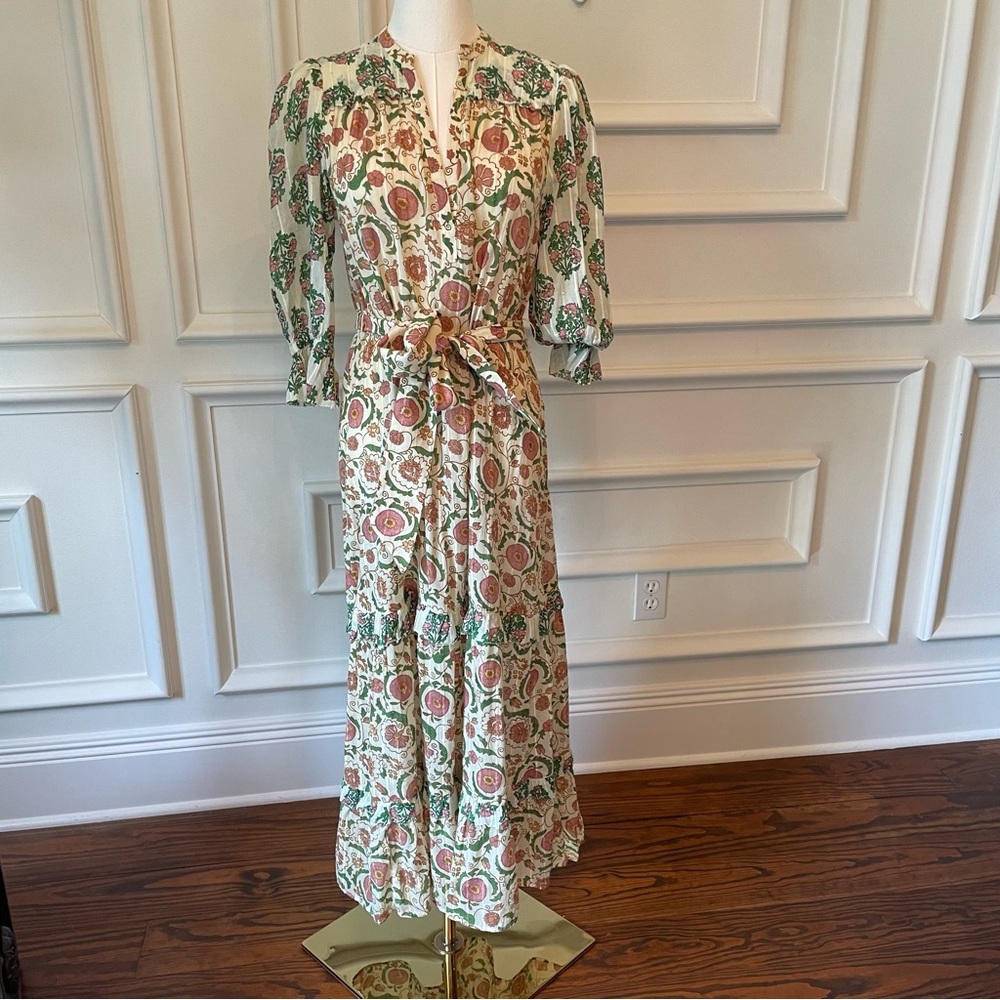 Zara Dress XS Cream Green Block Print Tie-Waist Short Sleeve Midi boho cotton